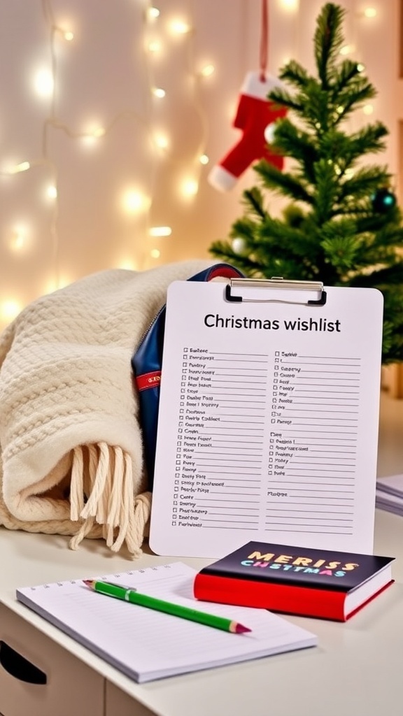 Christmas Wishlist for University Students A Christmas wishlist for university students with cozy items and festive decorations.